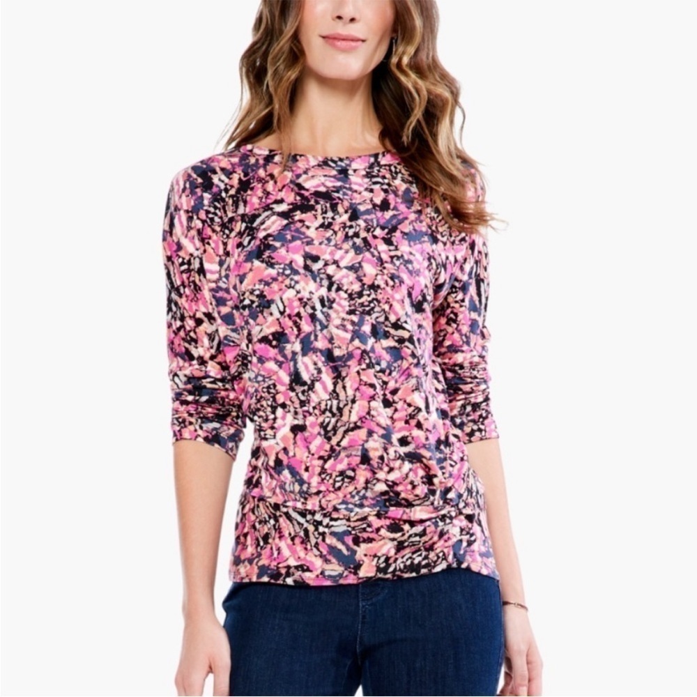 NWT Nic + Zoe Kaleidoscope Printed Twist Front 3/4 Sleeve Top Pink Multi